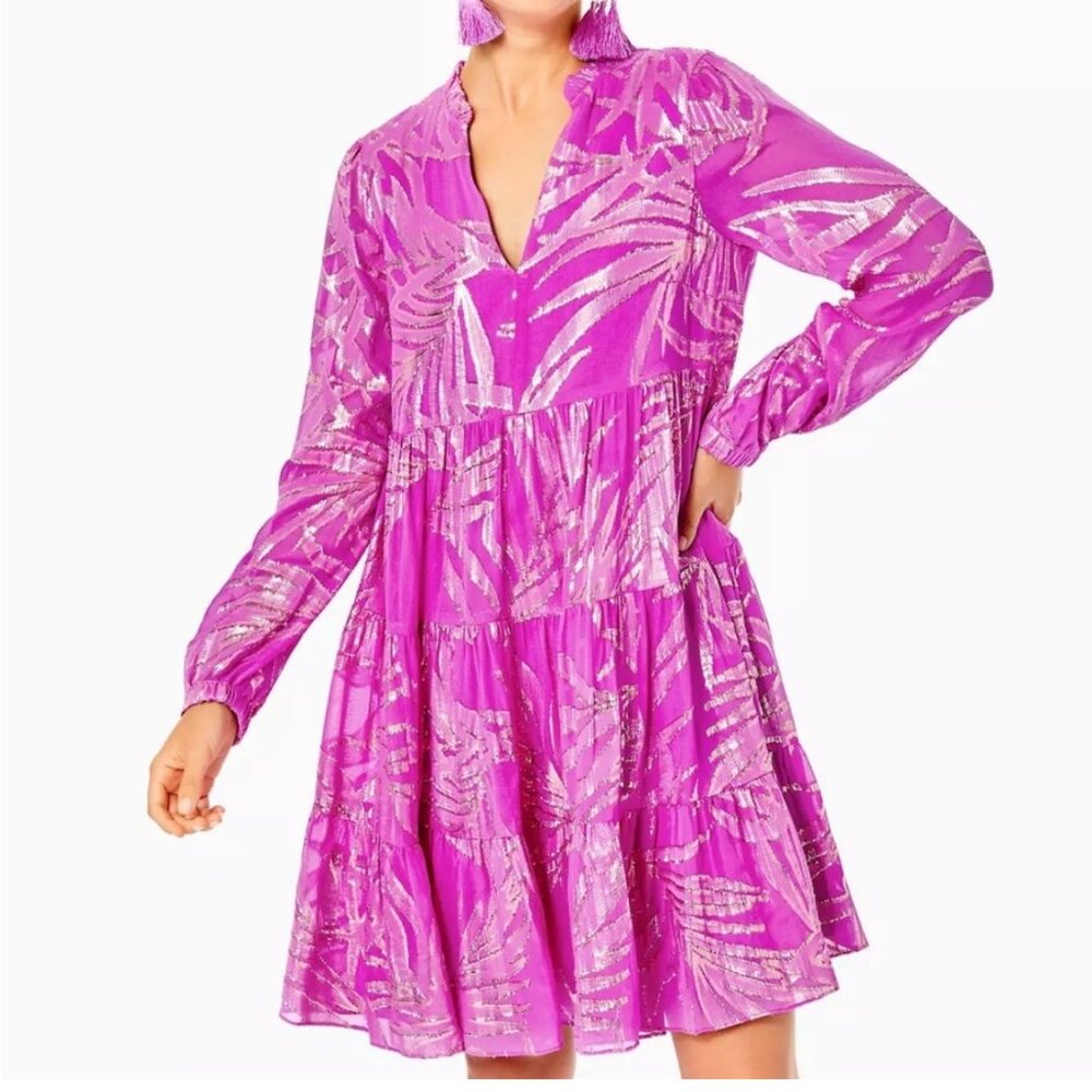 Lilly Pulitzer Sarita Silk Dress Fuchsia Palm Leaf Metallic Size 8